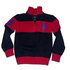 Polo ralph lauren knit quarter zip preppy Sweater Navy Blue Red BiG Pony boys 8